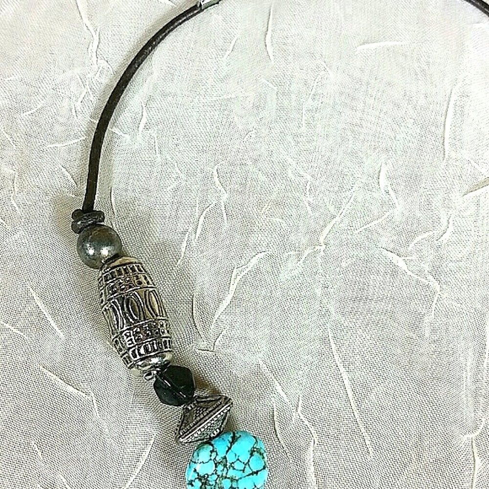 16" - 18" adj Necklace Genuine Stone Bead Leather brown blue silver spacer NEW - Picture 4 of 5